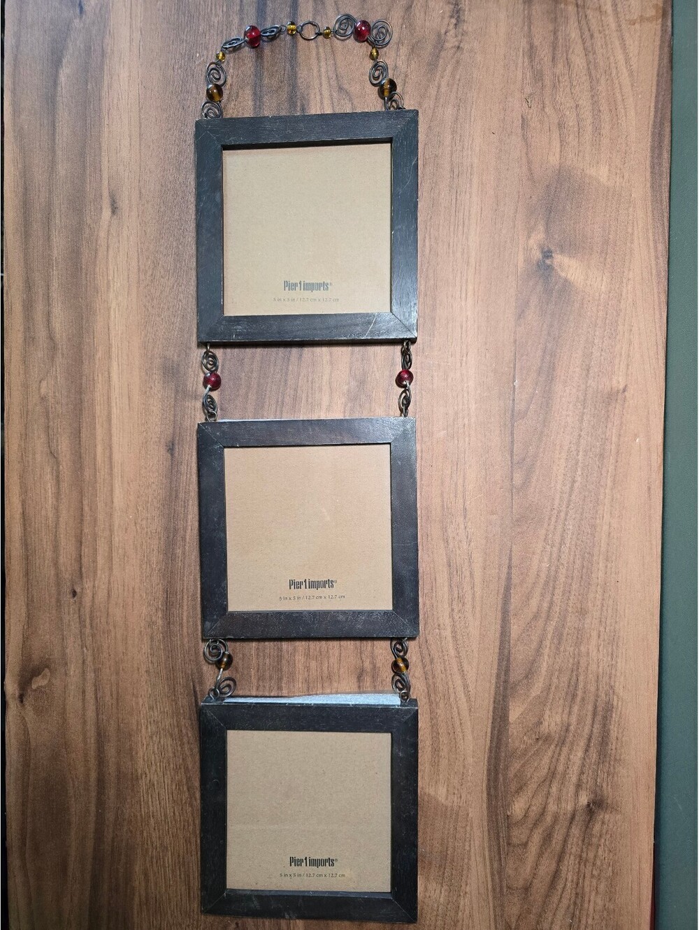 Vintage Pier 1 Imports Triple Hanging Frame Beaded Wire Wood Photo Collage